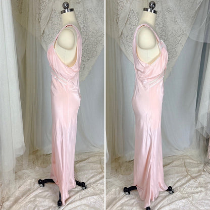 Vintage 1940's Tea Rose Pink Rayon Crepe de Chine Nightgown with Swiss Dot Lace, size XS, S - Daggers & Dames