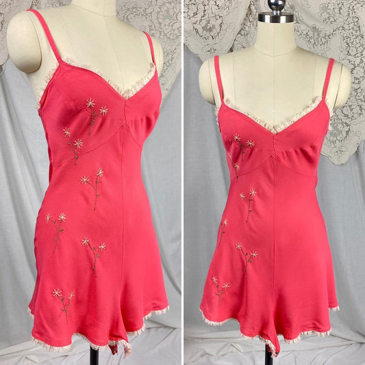 Vintage 1940's Teddy Chemise | Bold Coral Pink Rayon Crepe with Embroidery & Ruffled Cotton Lace | Size S, M - Daggers & Dames
