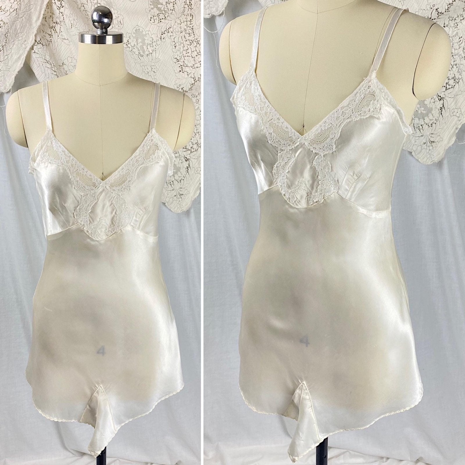 Vintage 1940's Teddy Chemise | Pearlescent White Rayon Satin with Cotton Lace | Size XS | Lynn Loring Lingerie - Never Worn, with Tags - Daggers & Dames