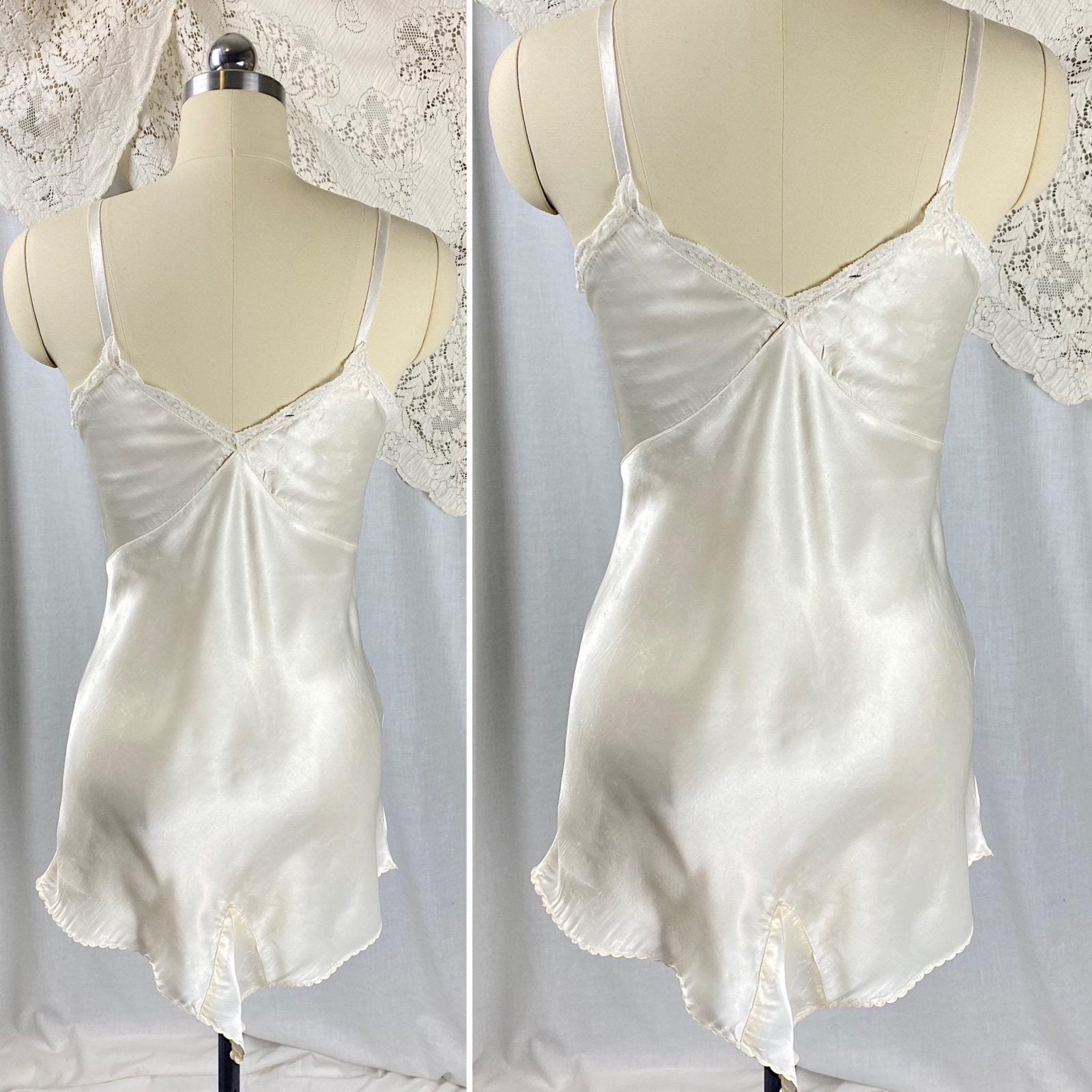 Vintage 1940's Teddy Chemise | Pearlescent White Rayon Satin with Cotton Lace | Size XS | Lynn Loring Lingerie - Never Worn, with Tags - Daggers & Dames