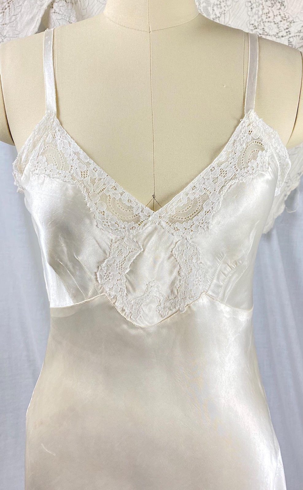 Vintage 1940's Teddy Chemise | Pearlescent White Rayon Satin with Cotton Lace | Size XS | Lynn Loring Lingerie - Never Worn, with Tags - Daggers & Dames