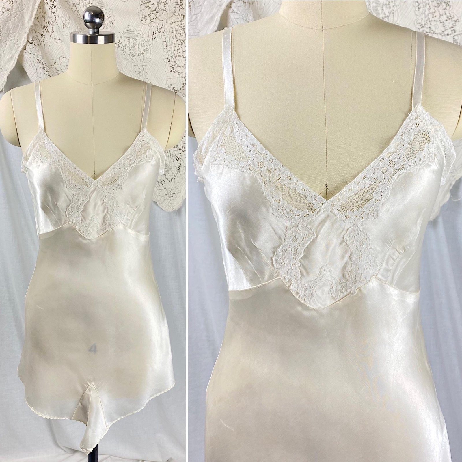 Vintage 1940's Teddy Chemise | Pearlescent White Rayon Satin with Cotton Lace | Size XS | Lynn Loring Lingerie - Never Worn, with Tags - Daggers & Dames