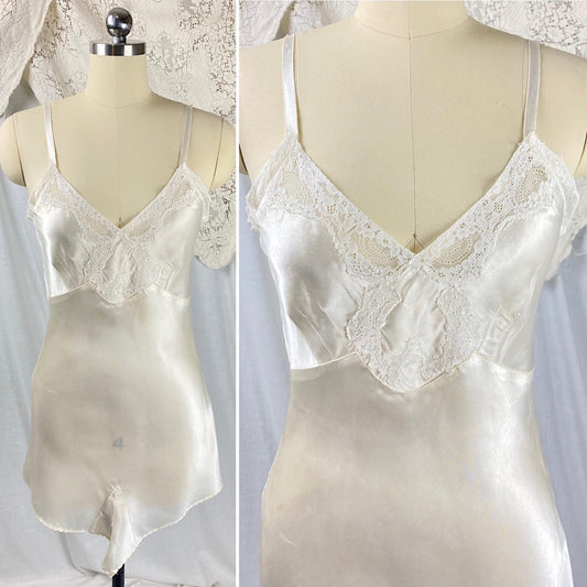 Vintage 1940's Teddy Chemise | Pearlescent White Rayon Satin with Cotton Lace | Size XS | Lynn Loring Lingerie - Never Worn, with Tags - Daggers & Dames