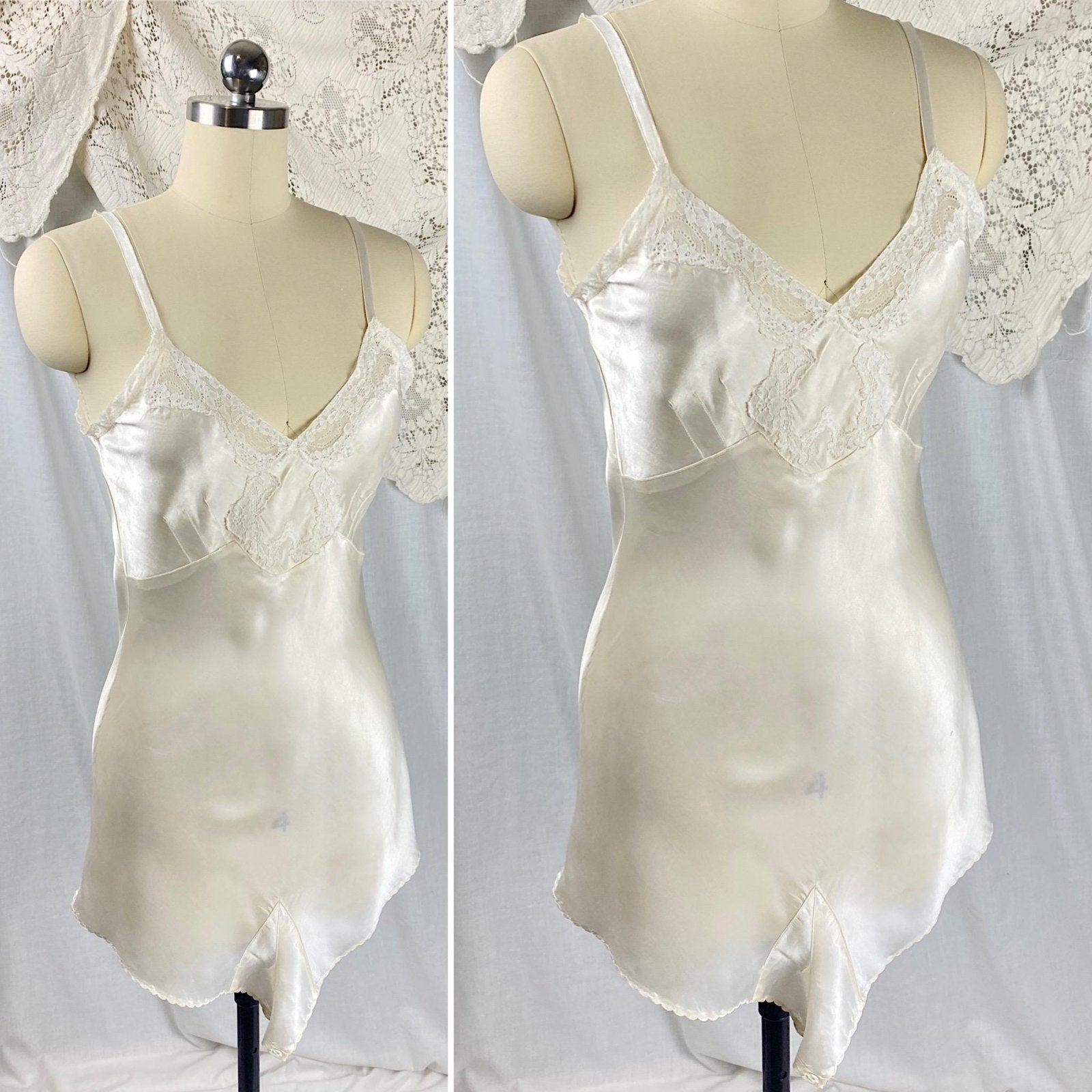 Vintage 1940's Teddy Chemise | Pearlescent White Rayon Satin with Cotton Lace | Size XS | Lynn Loring Lingerie - Never Worn, with Tags - Daggers & Dames