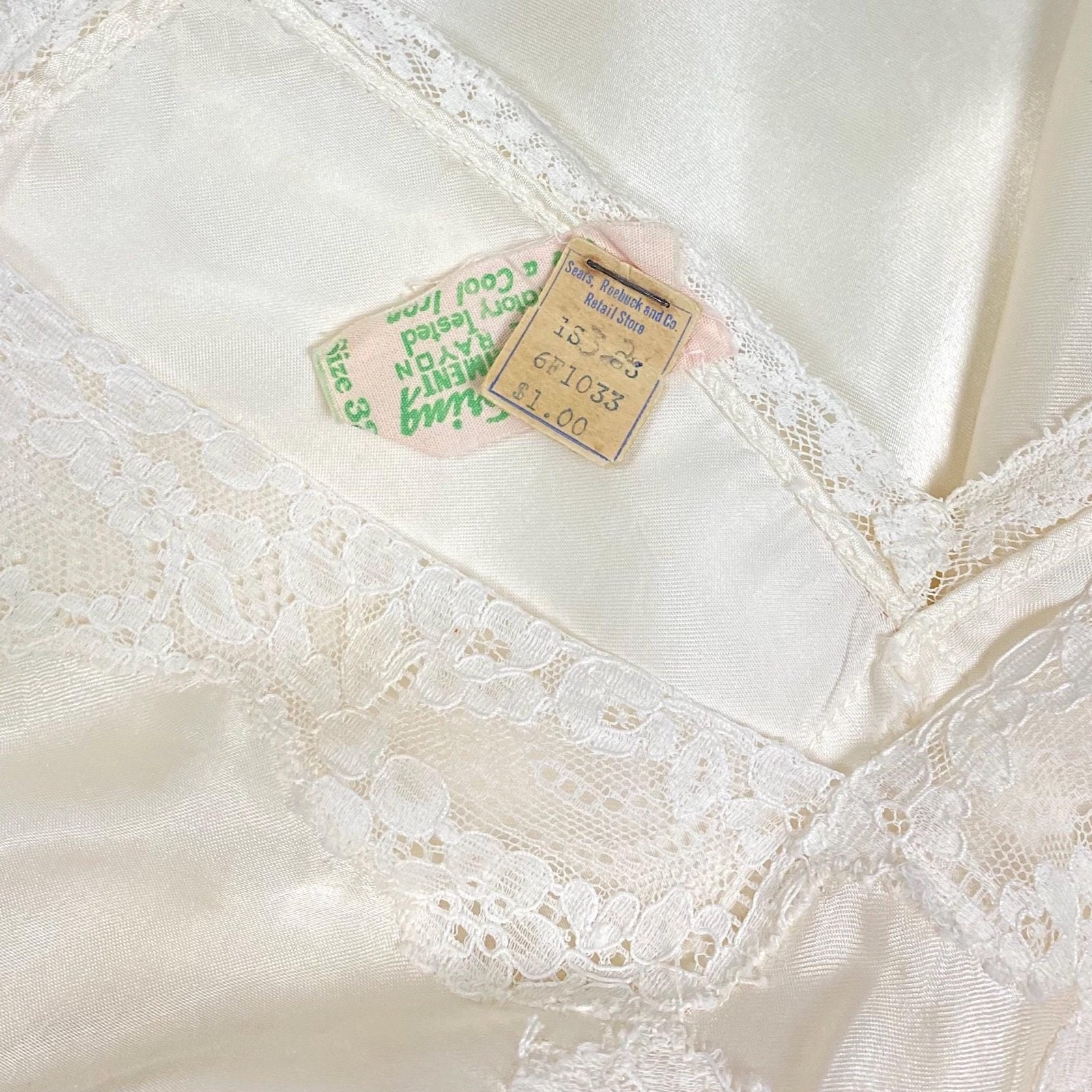 Vintage 1940's Teddy Chemise | Pearlescent White Rayon Satin with Cotton Lace | Size XS | Lynn Loring Lingerie - Never Worn, with Tags - Daggers & Dames