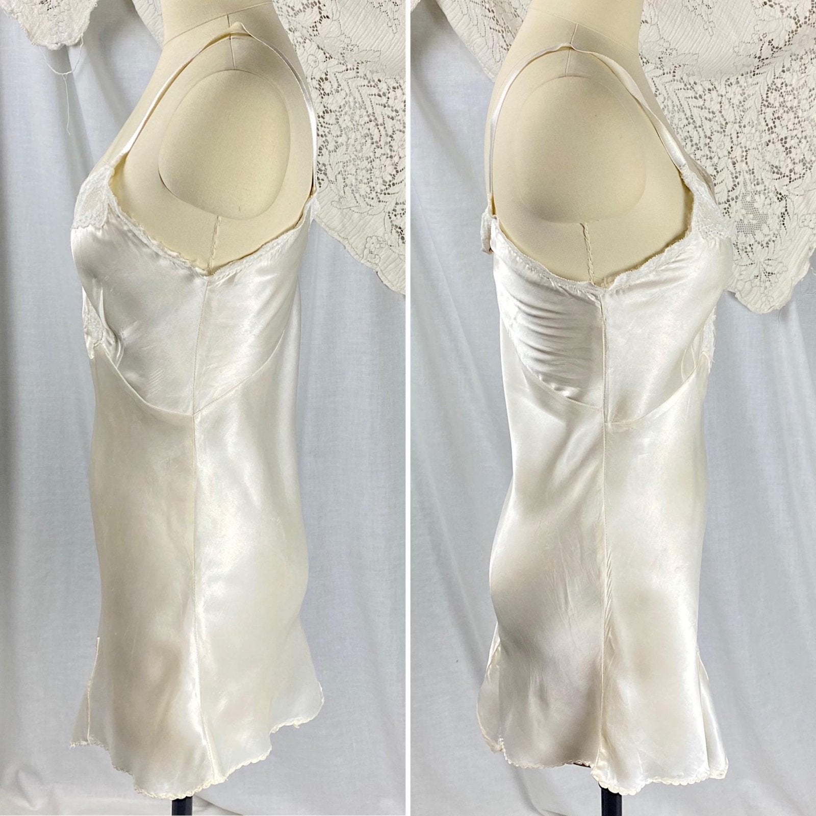 Vintage 1940's Teddy Chemise | Pearlescent White Rayon Satin with Cotton Lace | Size XS | Lynn Loring Lingerie - Never Worn, with Tags - Daggers & Dames