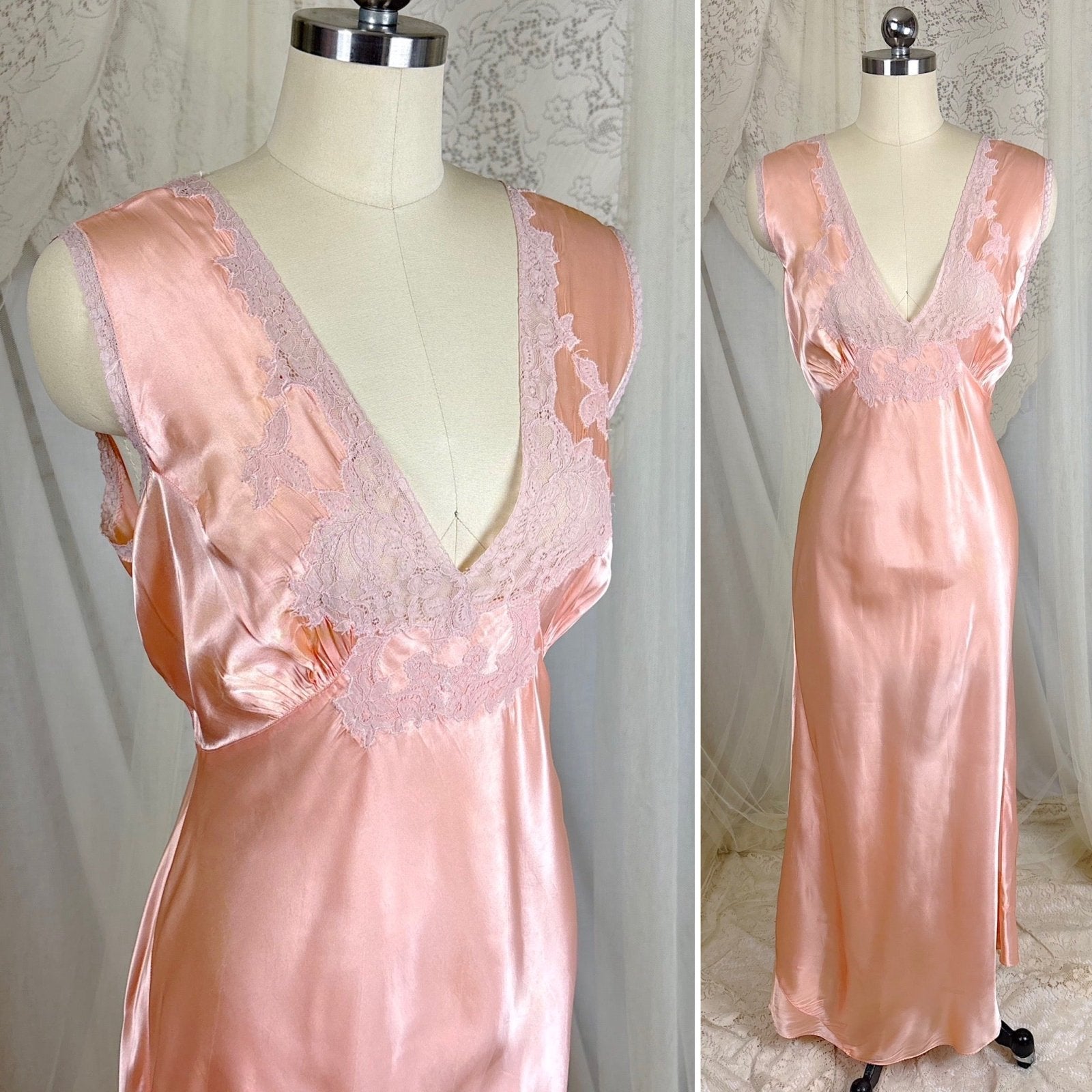 Vintage 1940's Warm Blush Pink Rayon Satin Nightgown with Mauve Cotton Lace Appliqués - Size M, LG, XLG - Daggers & Dames