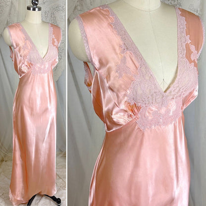 Vintage 1940's Warm Blush Pink Rayon Satin Nightgown with Mauve Cotton Lace Appliqués - Size M, LG, XLG - Daggers & Dames