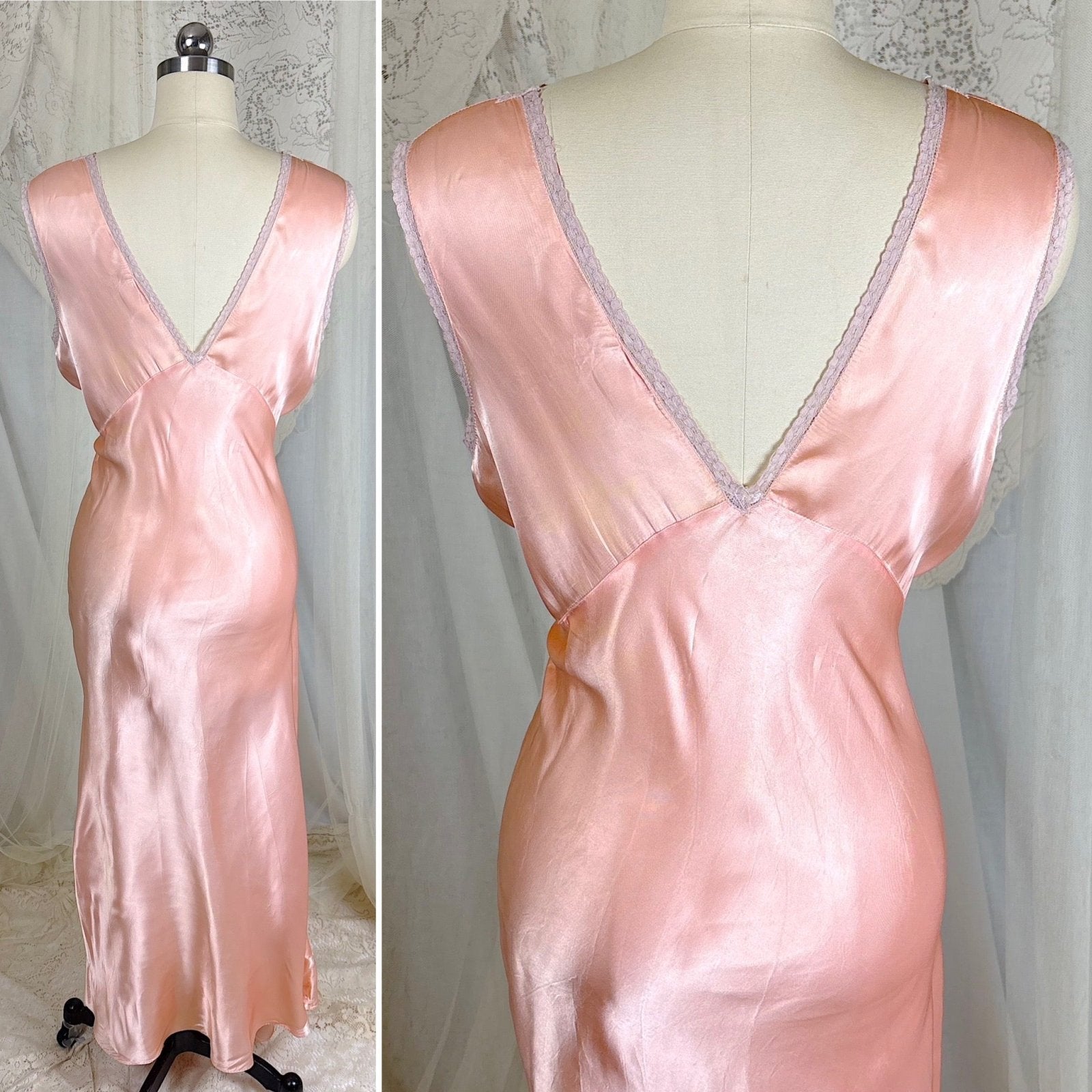 Vintage 1940's Warm Blush Pink Rayon Satin Nightgown with Mauve Cotton Lace Appliqués - Size M, LG, XLG - Daggers & Dames
