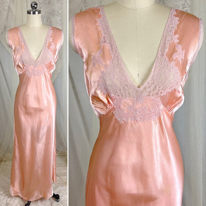 Vintage 1940's Warm Blush Pink Rayon Satin Nightgown with Mauve Cotton Lace Appliqués - Size M, LG, XLG - Daggers & Dames