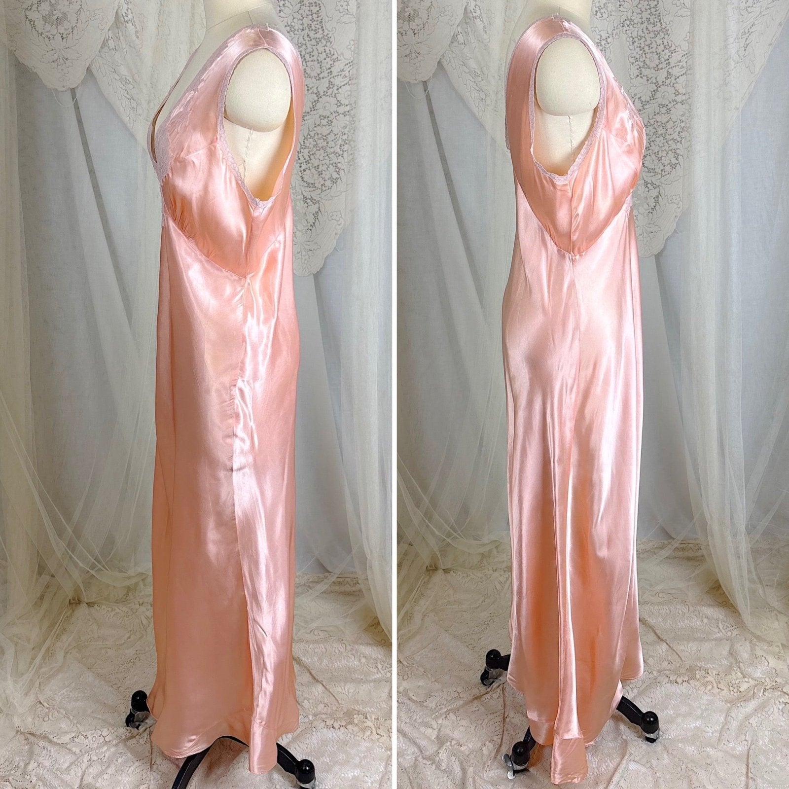 Vintage 1940's Warm Blush Pink Rayon Satin Nightgown with Mauve Cotton Lace Appliqués - Size M, LG, XLG - Daggers & Dames
