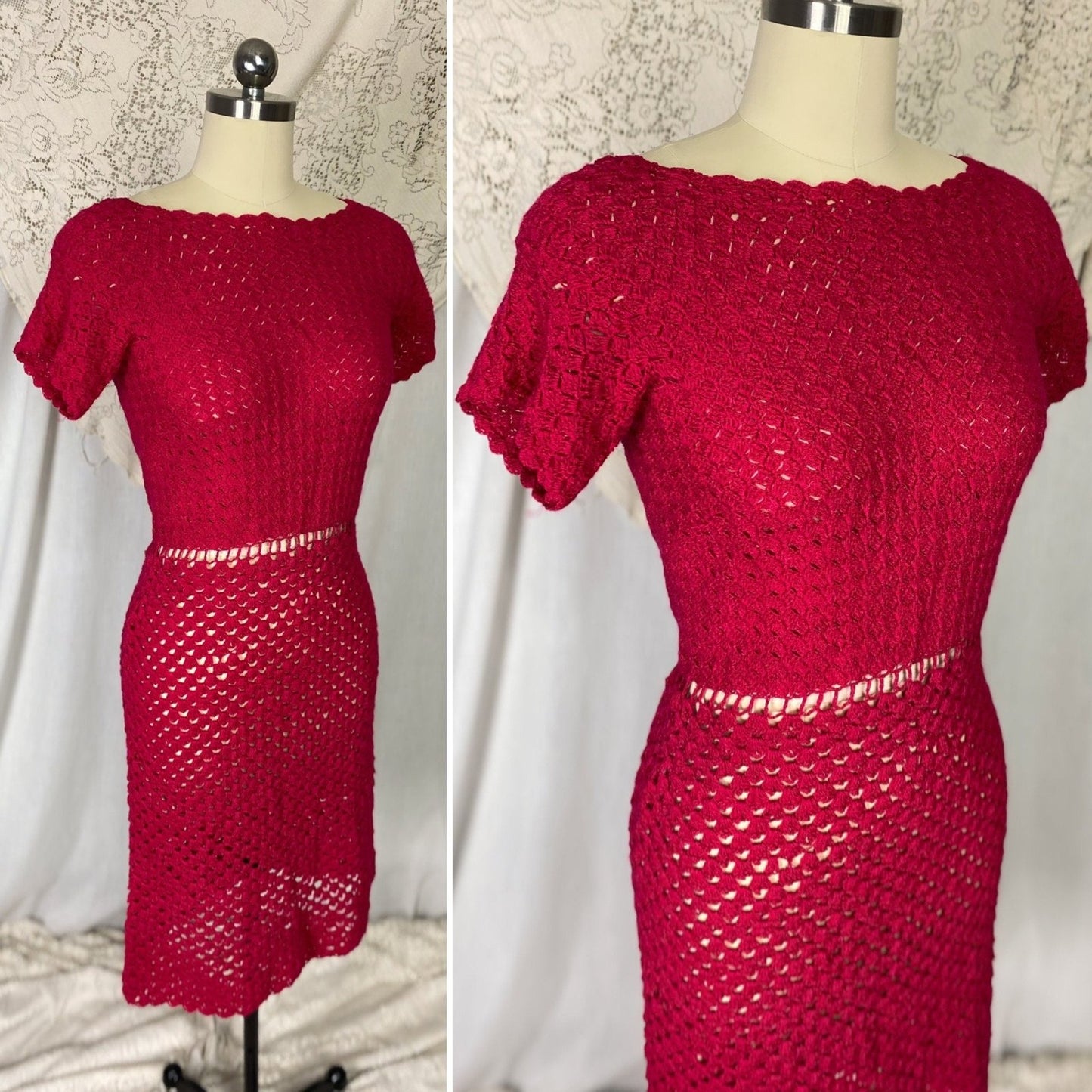 Vintage 1950' - 1960's Wiggle Dress | Hot Fuchsia Pink Hand Crochet Cotton with Rhinestone Buttons | Size S, M - Daggers & Dames