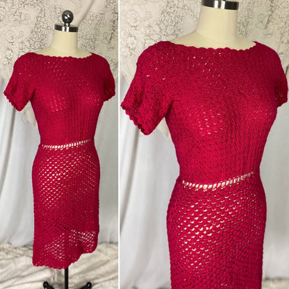 Vintage 1950' - 1960's Wiggle Dress | Hot Fuchsia Pink Hand Crochet Cotton with Rhinestone Buttons | Size S, M - Daggers & Dames