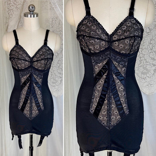 Vintage 1950's - 1960's All in One Girdle - Black Power Mesh with Embroidered Nude Illusion Chiffon - by Corde de Parie, Unworn with Original Box, size 35 B - Daggers & Dames