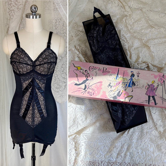 Vintage 1950's - 1960's All in One Girdle - Black Power Mesh with Embroidered Nude Illusion Chiffon - by Corde de Parie, Unworn with Original Box, size 35 B - Daggers & Dames