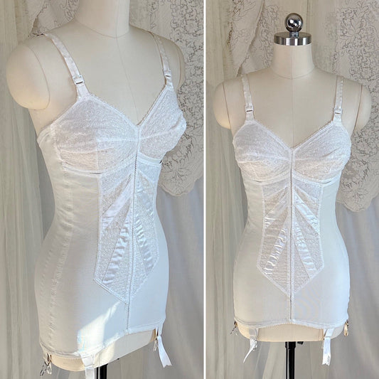 Vintage 1950's - 1960's All in One Girdle - White Power Mesh with Embroidered Chiffon & Rayon Satin Inserts - by Corde de Parie, size 36 B - Daggers & Dames