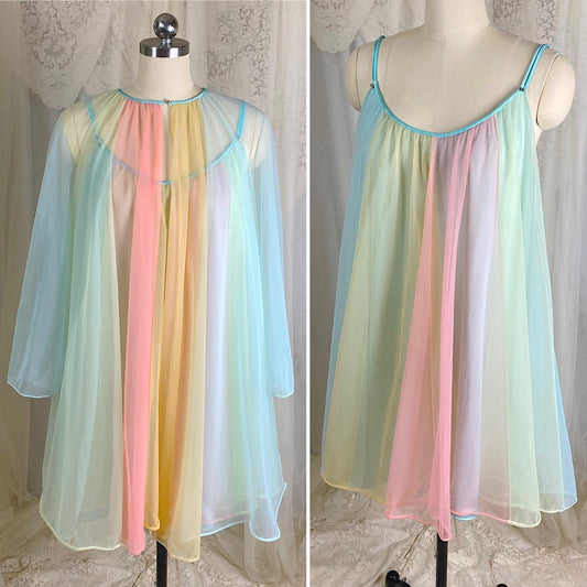 Vintage 1950's - 1960's Babydoll Nightgown & Peignoir Set | Pastel Rainbow Nylon Chiffon with Crystal Buttons - Size S, M - By Vanity Fair - Daggers & Dames