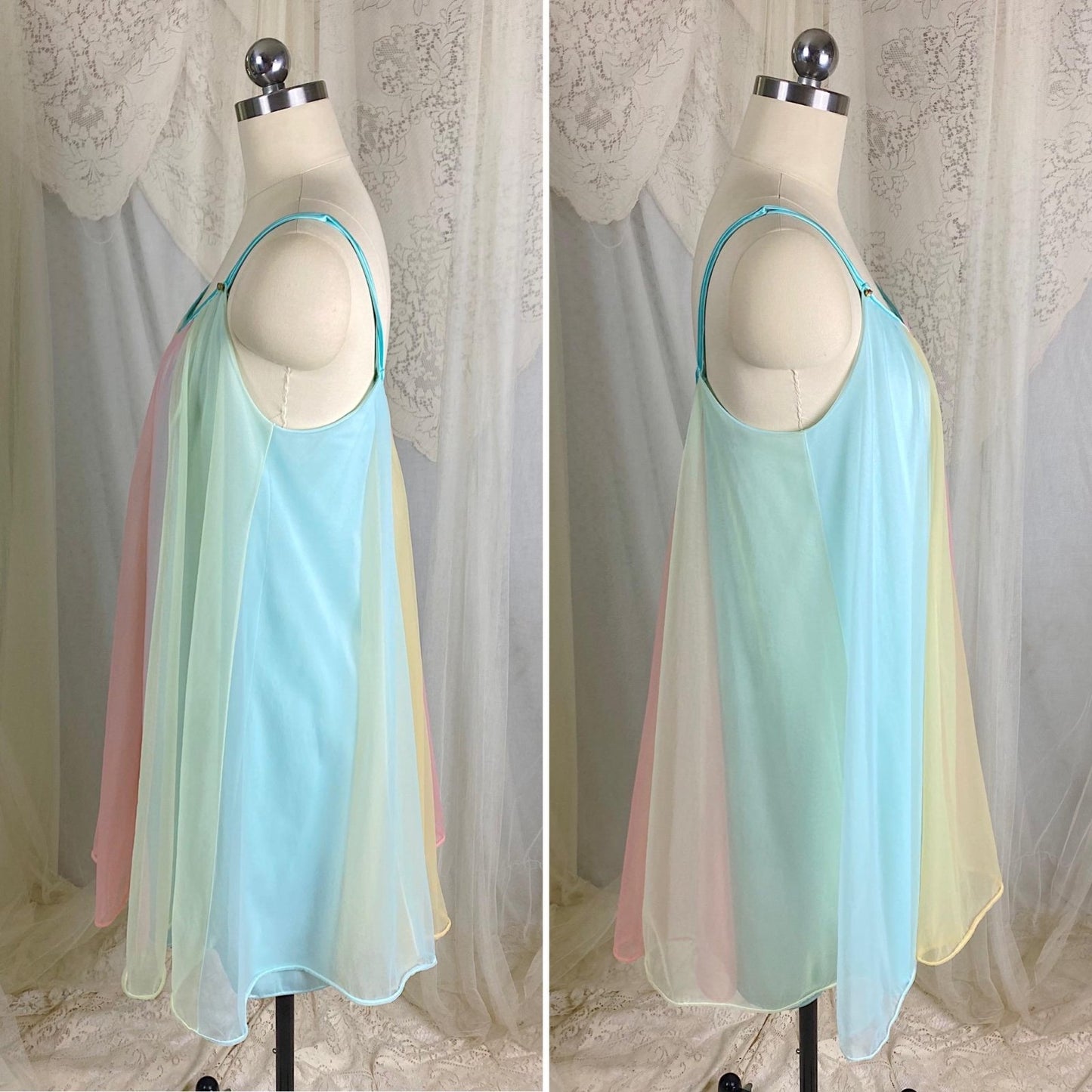 Vintage 1950's - 1960's Babydoll Nightgown & Peignoir Set | Pastel Rainbow Nylon Chiffon with Crystal Buttons - Size S, M - By Vanity Fair - Daggers & Dames