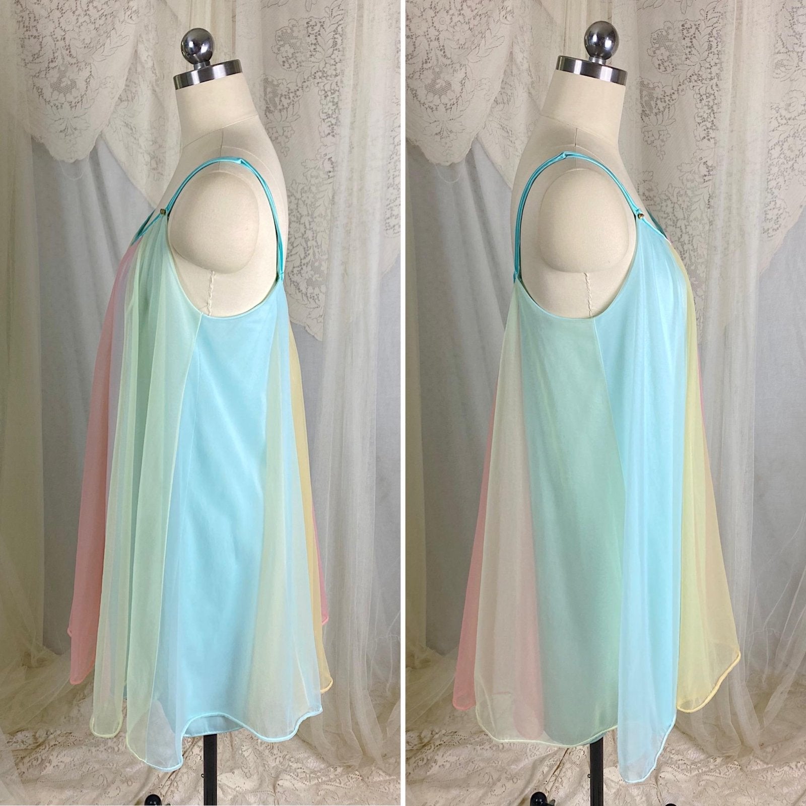 Vintage 1950's - 1960's Babydoll Nightgown & Peignoir Set | Pastel Rainbow Nylon Chiffon with Crystal Buttons - Size S, M - By Vanity Fair - Daggers & Dames