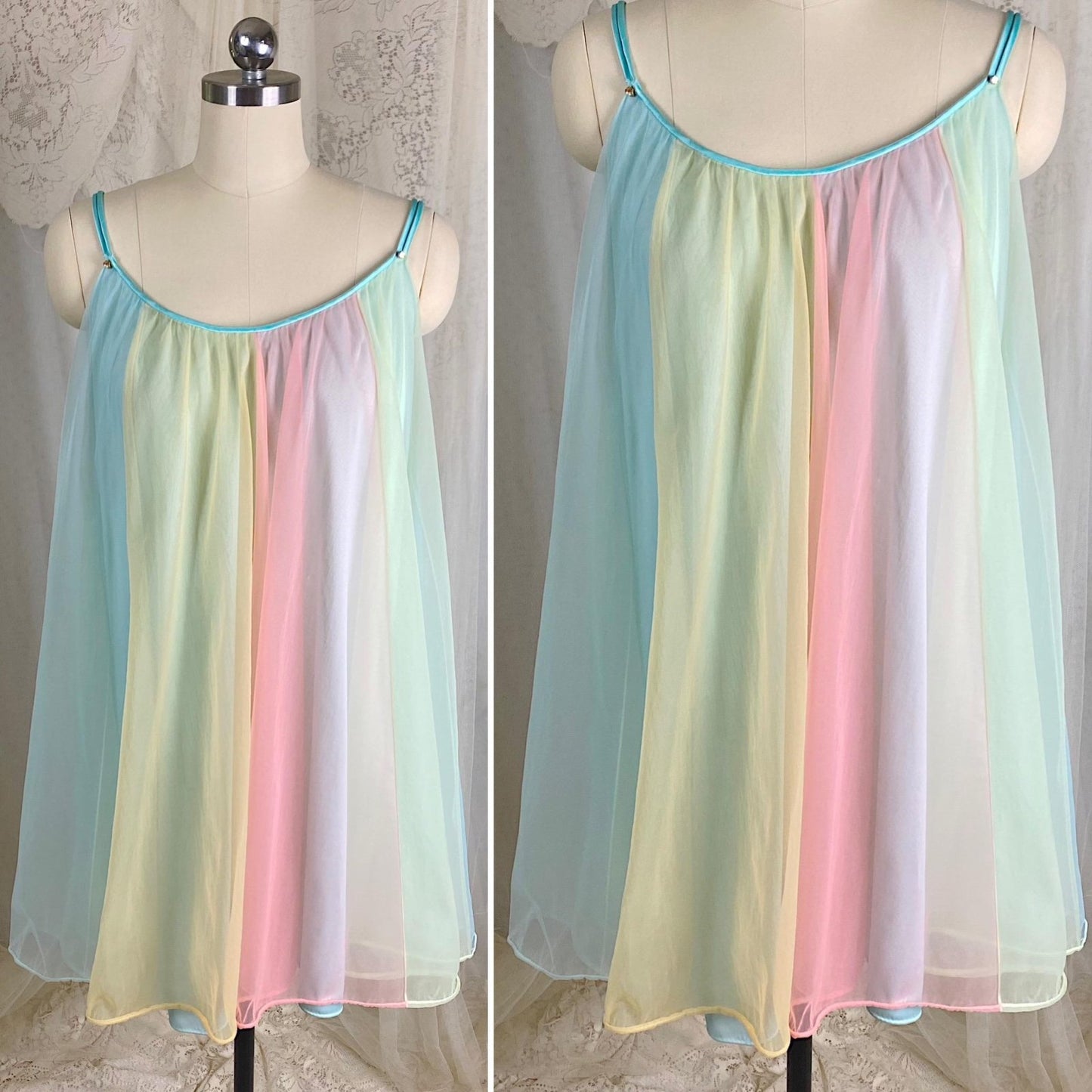 Vintage 1950's - 1960's Babydoll Nightgown & Peignoir Set | Pastel Rainbow Nylon Chiffon with Crystal Buttons - Size S, M - By Vanity Fair - Daggers & Dames