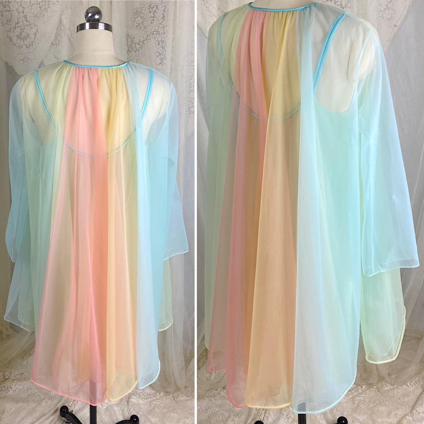 Vintage 1950's - 1960's Babydoll Nightgown & Peignoir Set | Pastel Rainbow Nylon Chiffon with Crystal Buttons - Size S, M - By Vanity Fair - Daggers & Dames