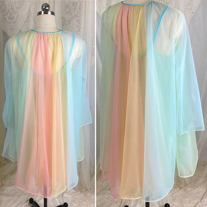 Vintage 1950's - 1960's Babydoll Nightgown & Peignoir Set | Pastel Rainbow Nylon Chiffon with Crystal Buttons - Size S, M - By Vanity Fair - Daggers & Dames