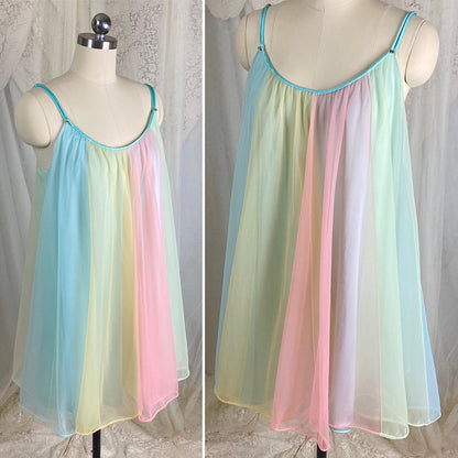 Vintage 1950's - 1960's Babydoll Nightgown & Peignoir Set | Pastel Rainbow Nylon Chiffon with Crystal Buttons - Size S, M - By Vanity Fair - Daggers & Dames