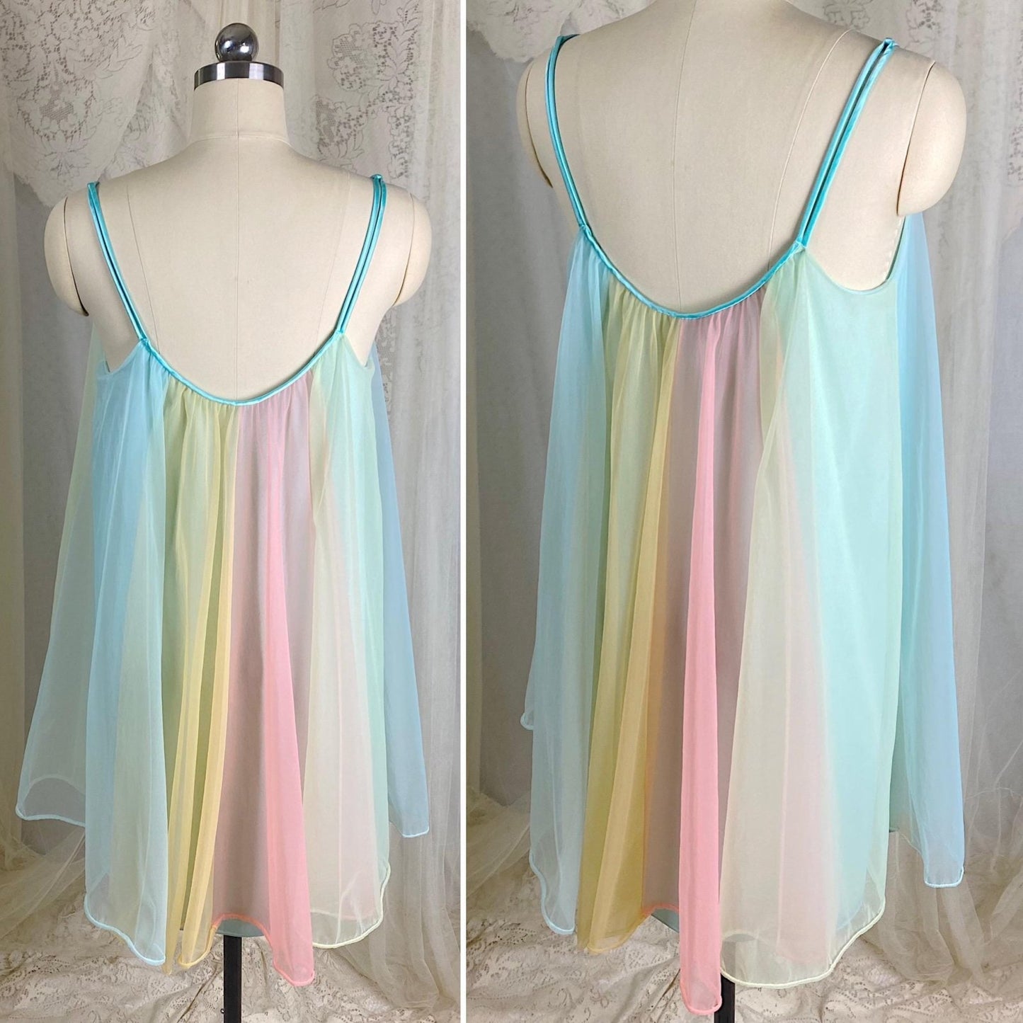 Vintage 1950's - 1960's Babydoll Nightgown & Peignoir Set | Pastel Rainbow Nylon Chiffon with Crystal Buttons - Size S, M - By Vanity Fair - Daggers & Dames