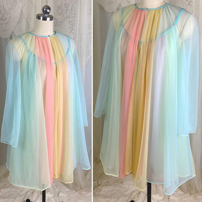 Vintage 1950's - 1960's Babydoll Nightgown & Peignoir Set | Pastel Rainbow Nylon Chiffon with Crystal Buttons - Size S, M - By Vanity Fair - Daggers & Dames