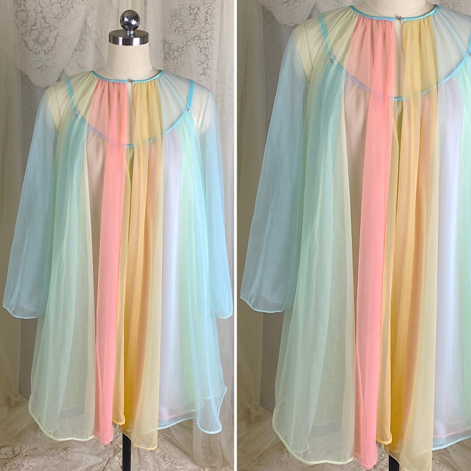 Vintage 1950's - 1960's Babydoll Nightgown & Peignoir Set | Pastel Rainbow Nylon Chiffon with Crystal Buttons - Size S, M - By Vanity Fair - Daggers & Dames