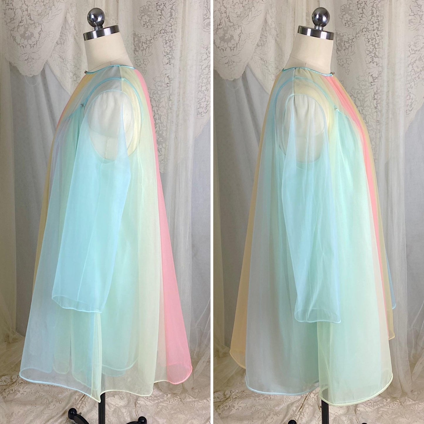 Vintage 1950's - 1960's Babydoll Nightgown & Peignoir Set | Pastel Rainbow Nylon Chiffon with Crystal Buttons - Size S, M - By Vanity Fair - Daggers & Dames