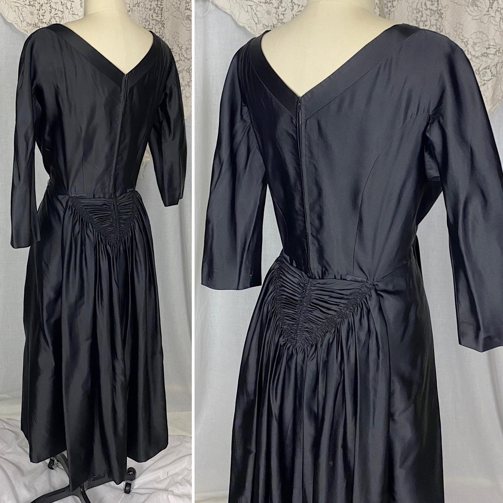 Vintage 1950's - 1960's Dress | Inky Black Silk with Ruched Bustle Detail | Size LG | Fira Benenson for Lord & Taylor - Daggers & Dames