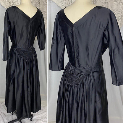 Vintage 1950's - 1960's Dress | Inky Black Silk with Ruched Bustle Detail | Size LG | Fira Benenson for Lord & Taylor - Daggers & Dames