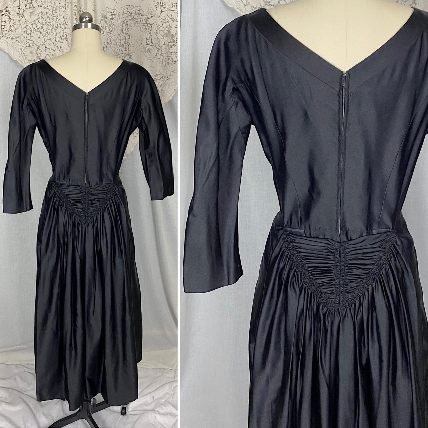 Vintage 1950's - 1960's Dress | Inky Black Silk with Ruched Bustle Detail | Size LG | Fira Benenson for Lord & Taylor - Daggers & Dames