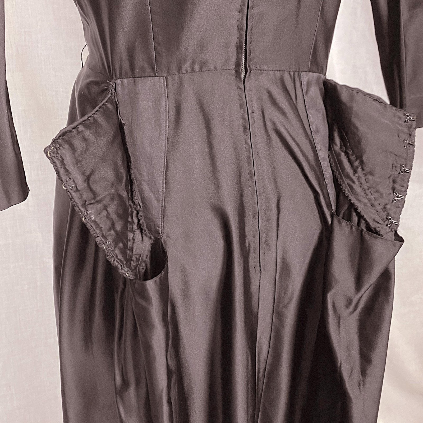 Vintage 1950's - 1960's Dress | Inky Black Silk with Ruched Bustle Detail | Size LG | Fira Benenson for Lord & Taylor - Daggers & Dames
