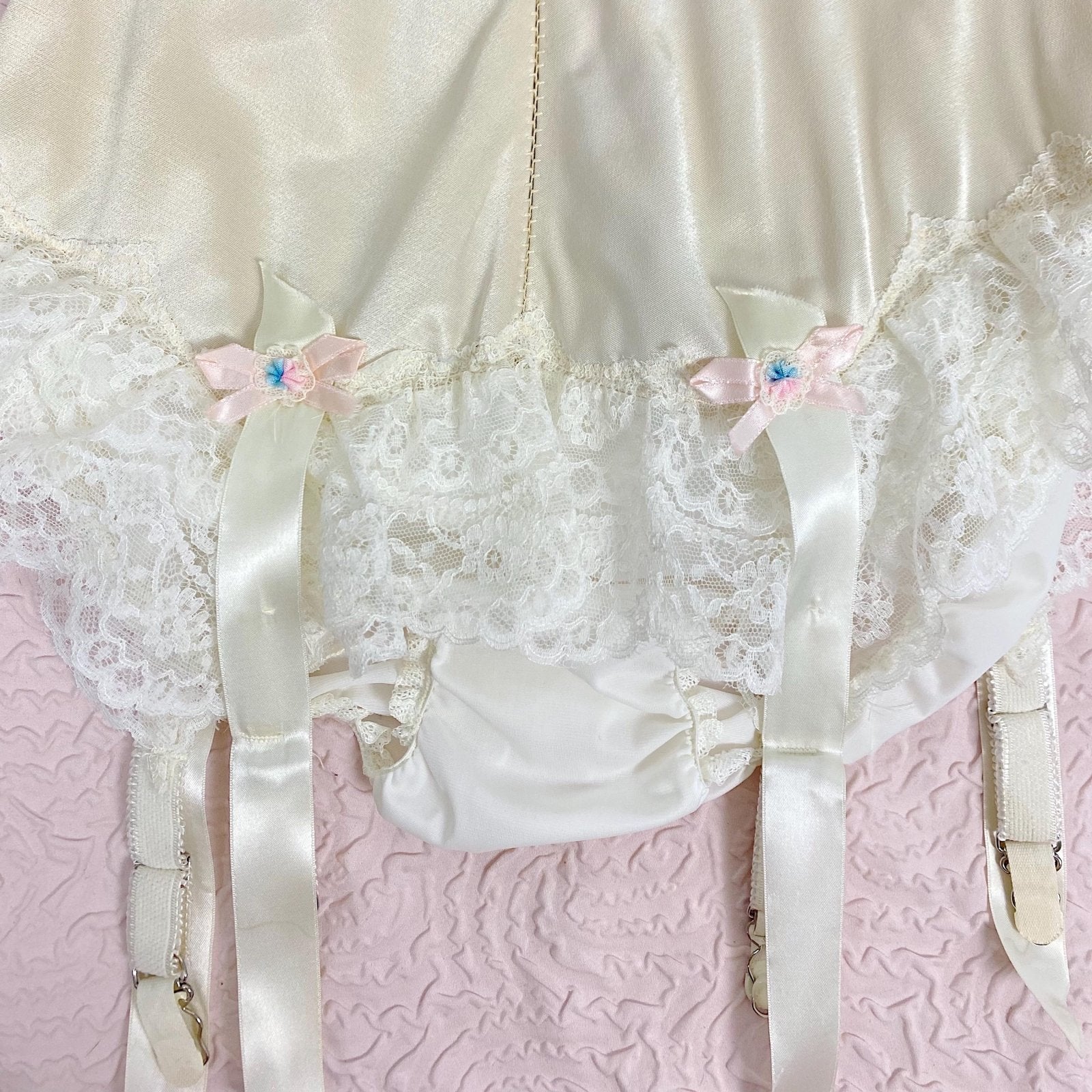 Vintage 1950's - 1960's Garter Panties | Creamy Off - White Satin with Ruffled Lace & Nylon Gusset | Size XS, S | By Glydon's - Daggers & Dames
