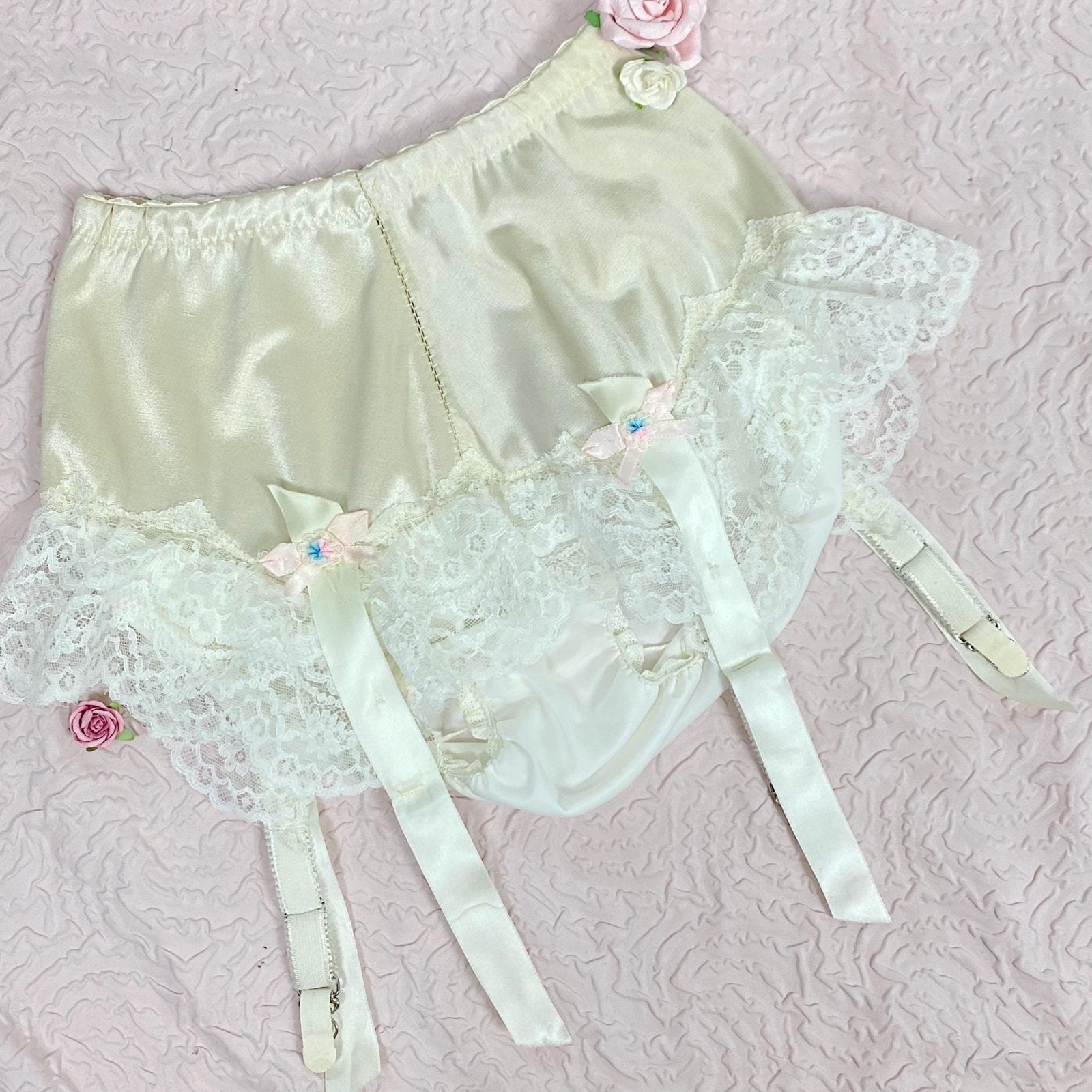 Vintage 1950's - 1960's Garter Panties | Creamy Off - White Satin with Ruffled Lace & Nylon Gusset | Size XS, S | By Glydon's - Daggers & Dames