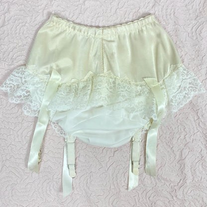 Vintage 1950's - 1960's Garter Panties | Creamy Off - White Satin with Ruffled Lace & Nylon Gusset | Size XS, S | By Glydon's - Daggers & Dames