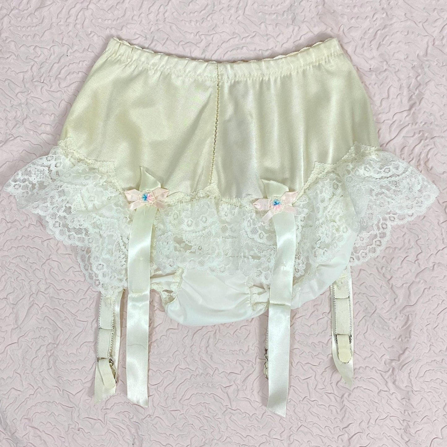 Vintage 1950's - 1960's Garter Panties | Creamy Off - White Satin with Ruffled Lace & Nylon Gusset | Size XS, S | By Glydon's - Daggers & Dames