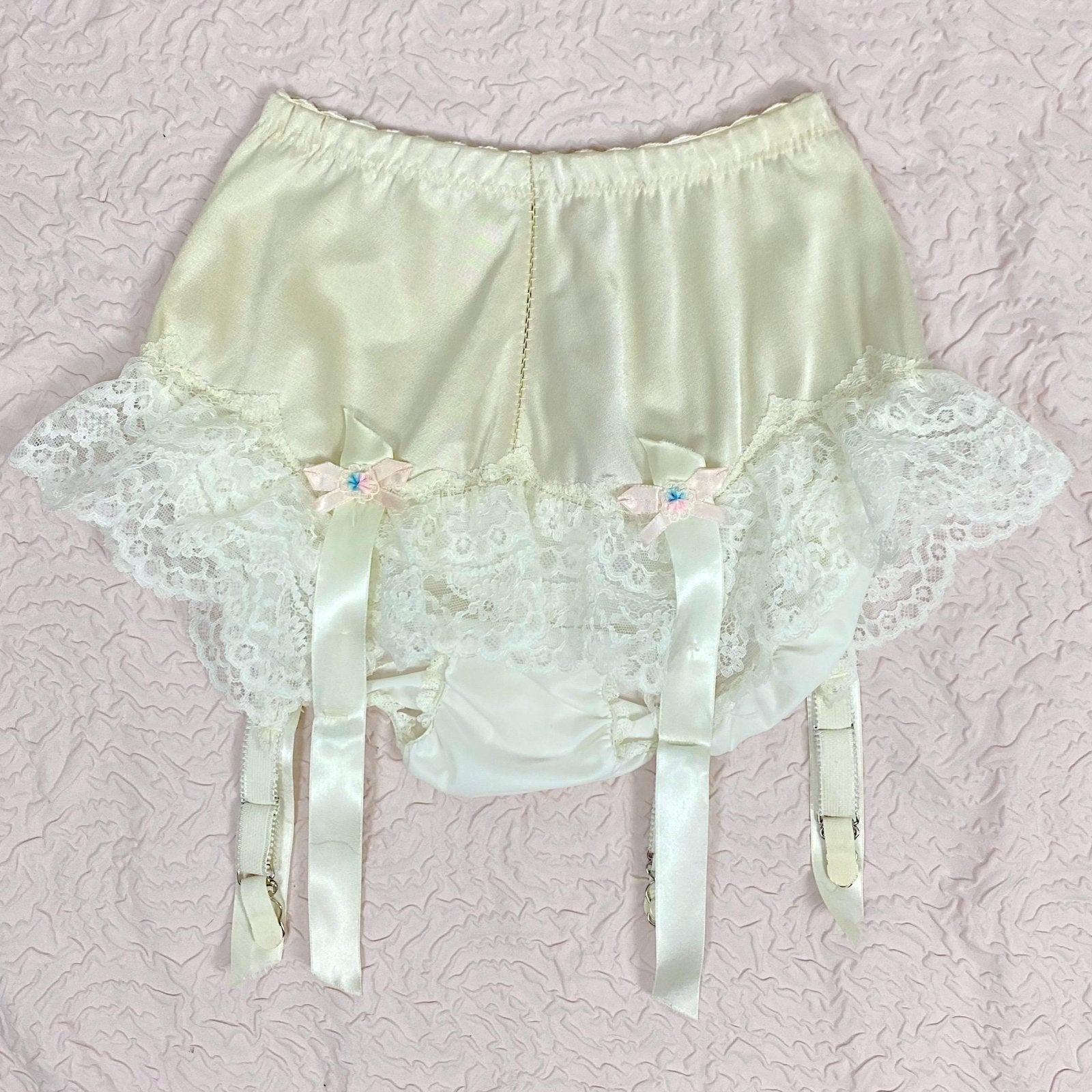 Vintage 1950's - 1960's Garter Panties | Creamy Off - White Satin with Ruffled Lace & Nylon Gusset | Size XS, S | By Glydon's - Daggers & Dames