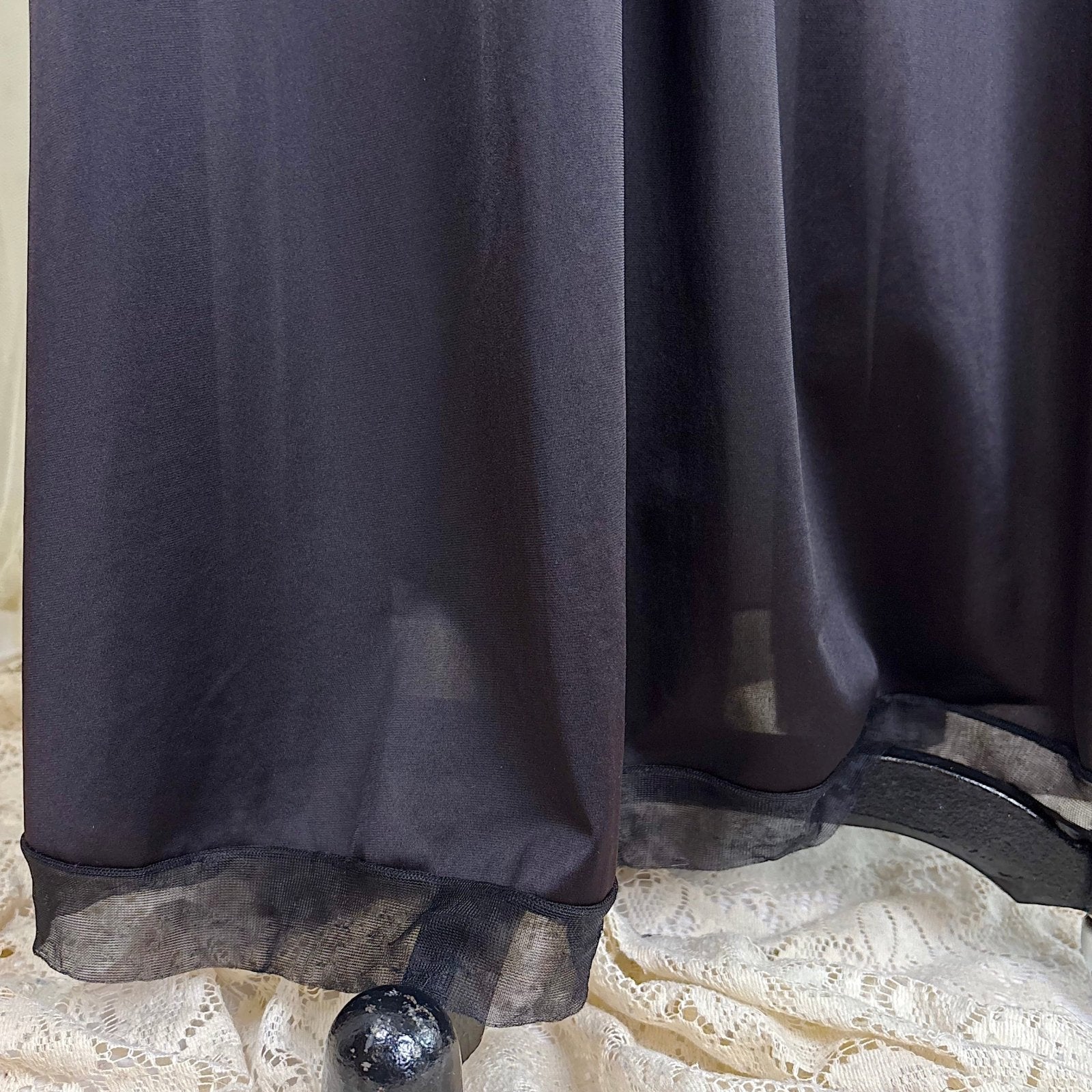 Vintage 1950's - 1960's Nightgown - Black Nylon with Sheer Mulberry Chiffon Bodice, size S, M - Daggers & Dames