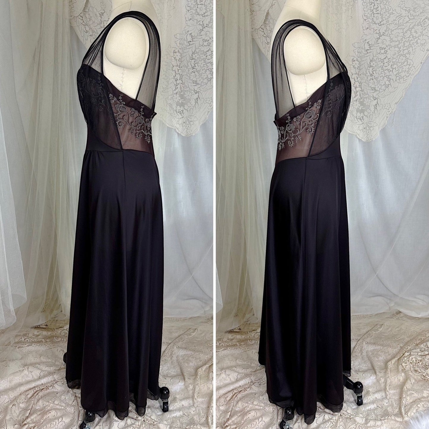 Vintage 1950's - 1960's Nightgown - Black Nylon with Sheer Mulberry Chiffon Bodice, size S, M - Daggers & Dames