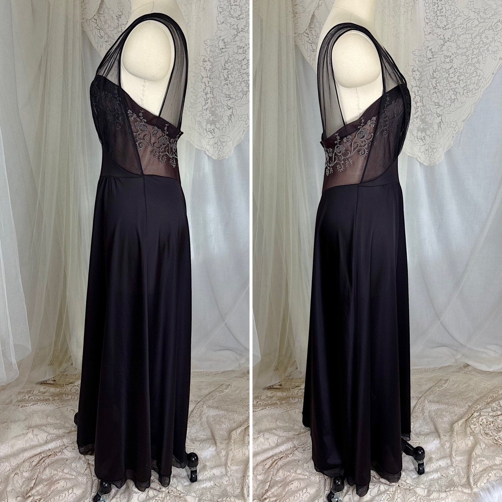 Vintage 1950's - 1960's Nightgown - Black Nylon with Sheer Mulberry Chiffon Bodice, size S, M - Daggers & Dames