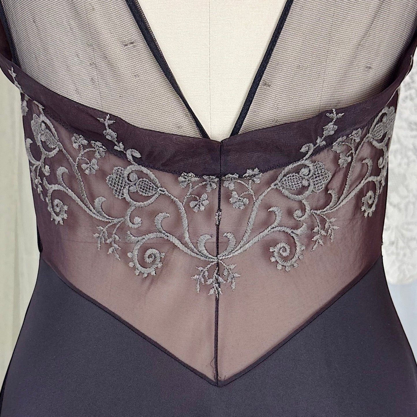 Vintage 1950's - 1960's Nightgown - Black Nylon with Sheer Mulberry Chiffon Bodice, size S, M - Daggers & Dames