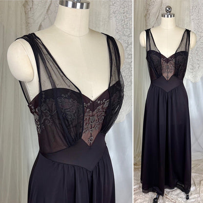 Vintage 1950's - 1960's Nightgown - Black Nylon with Sheer Mulberry Chiffon Bodice, size S, M - Daggers & Dames