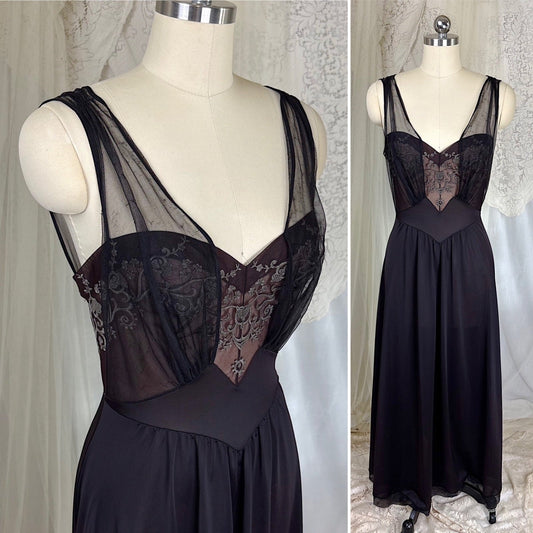 Vintage 1950's - 1960's Nightgown - Black Nylon with Sheer Mulberry Chiffon Bodice, size S, M - Daggers & Dames