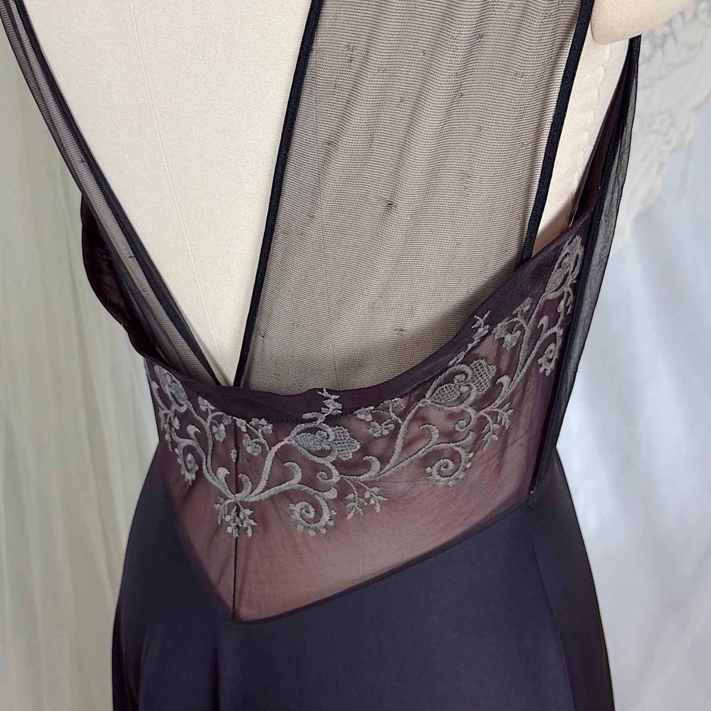 Vintage 1950's - 1960's Nightgown - Black Nylon with Sheer Mulberry Chiffon Bodice, size S, M - Daggers & Dames