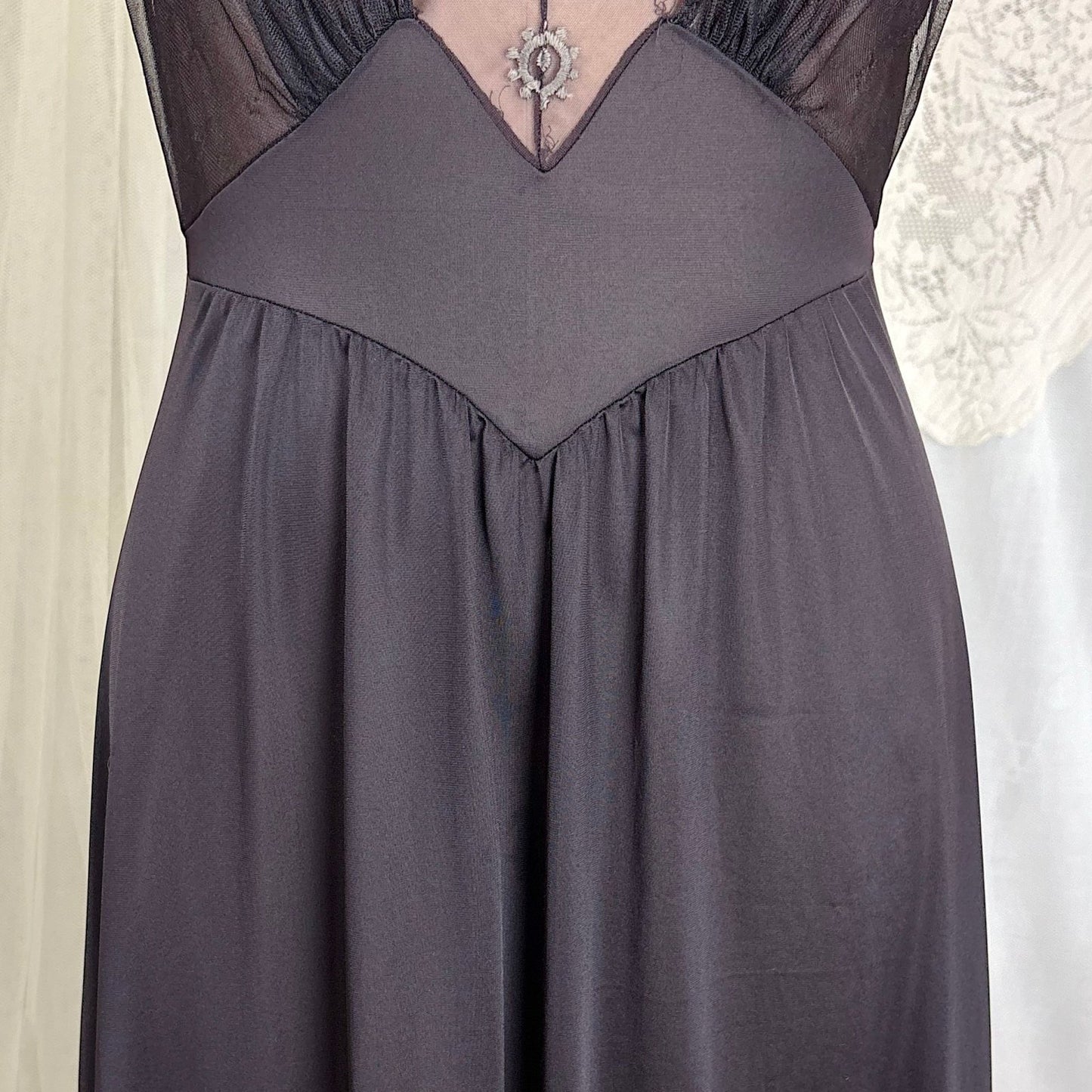 Vintage 1950's - 1960's Nightgown - Black Nylon with Sheer Mulberry Chiffon Bodice, size S, M - Daggers & Dames