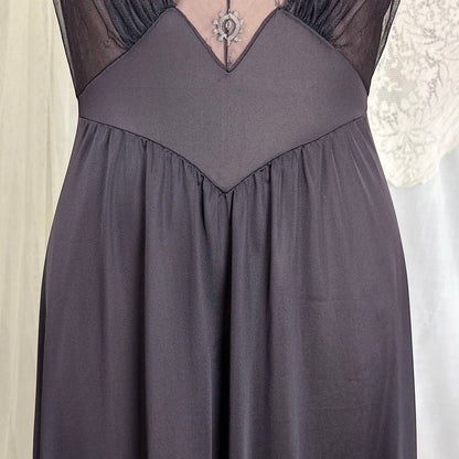 Vintage 1950's - 1960's Nightgown - Black Nylon with Sheer Mulberry Chiffon Bodice, size S, M - Daggers & Dames