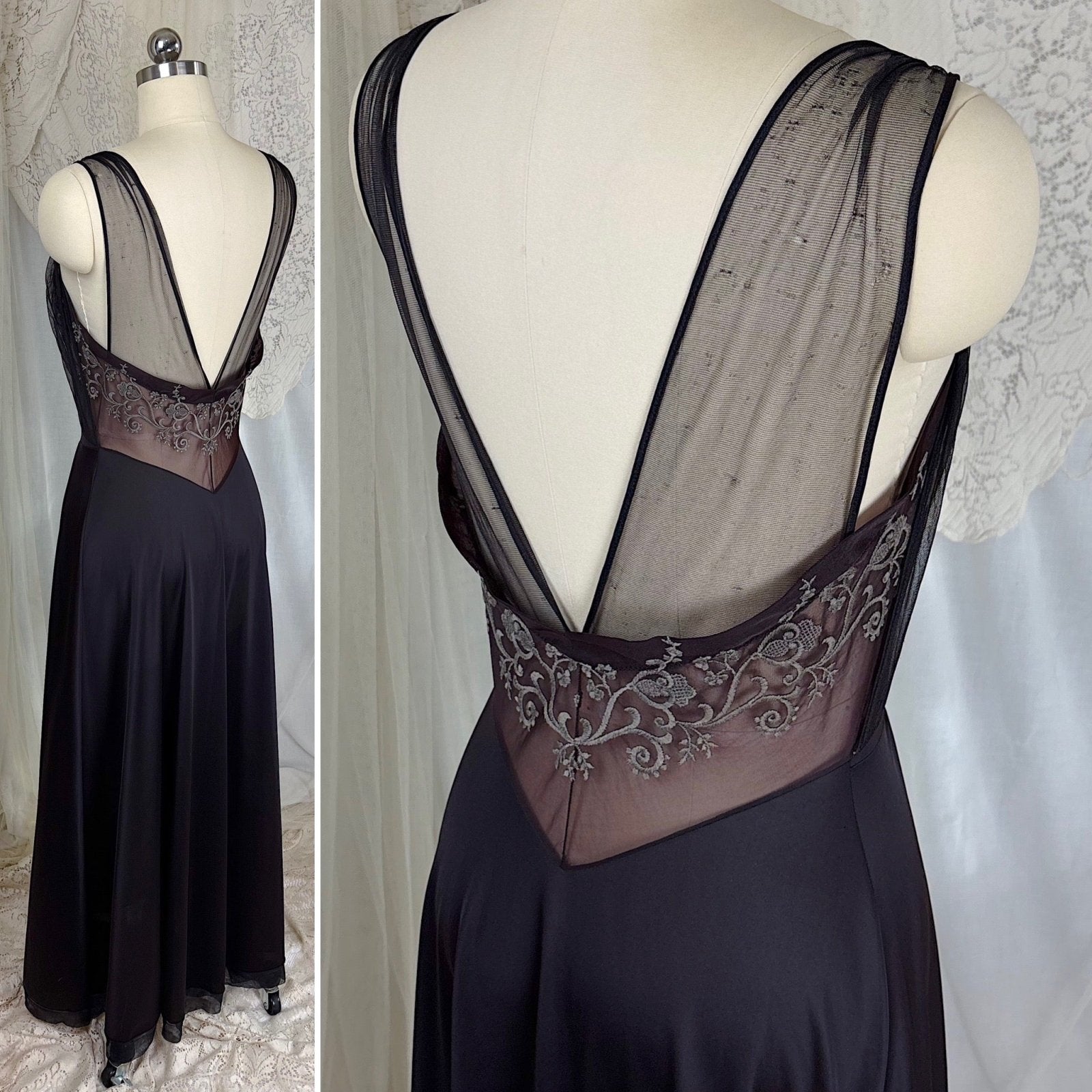 Vintage 1950's - 1960's Nightgown - Black Nylon with Sheer Mulberry Chiffon Bodice, size S, M - Daggers & Dames